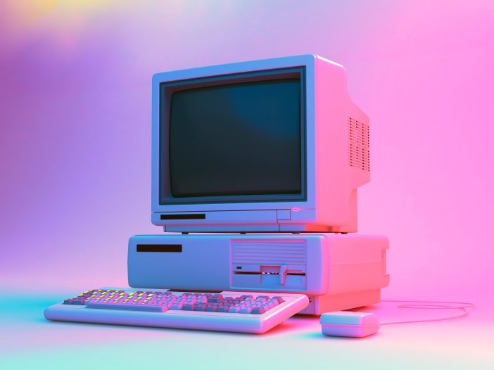 Vintage Desktop PC with Floppy Drive, Keyboard and Mouse in Neon Lightning. 3D Rendering.